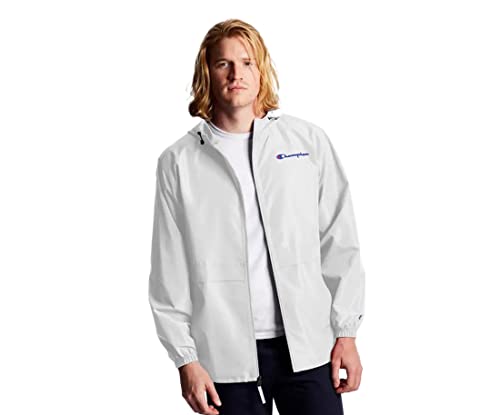 Champion, Stadium Full-Zip, Wind, Water Resistant Jacket for Men, White Small Script