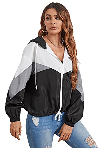 Floerns Women's Color Block Hooded Casual Thin Windbreaker Jacket Dark Multi M