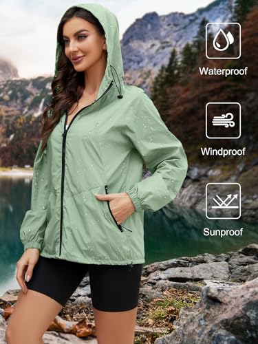 CRIPOM Rain Jacket For Travel Clothes Women Lightweight Waterproof Windbreaker Jacket For Women Outdoor Raincoat With Pockets Green L