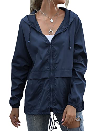 Muzeca Women's Waterproof Raincoat Lightweight Rain Jacket Hooded Windbreaker with Pockets for Outdoor Climb Hiking Fish Navy Blue Medium