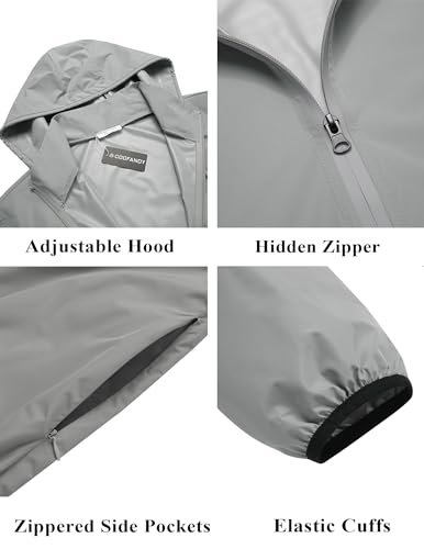 COOFANDY Rain Jackets for Men Waterproof Active Rain Coat Lightweight Rain Shell with Hood Windbreaker Gray