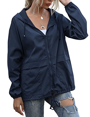Muzeca Women's Waterproof Raincoat Lightweight Rain Jacket Hooded Windbreaker with Pockets for Outdoor Climb Hiking Fish Navy Blue Medium