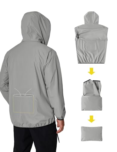 COOFANDY Rain Jackets for Men Waterproof Active Rain Coat Lightweight Rain Shell with Hood Windbreaker Gray