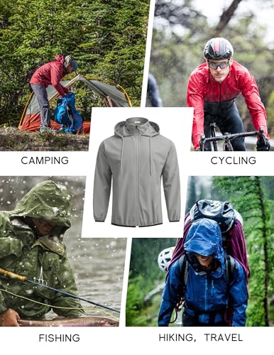 COOFANDY Rain Jackets for Men Waterproof Active Rain Coat Lightweight Rain Shell with Hood Windbreaker Gray