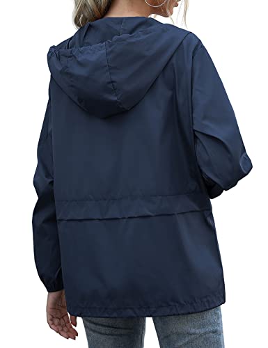 Muzeca Women's Waterproof Raincoat Lightweight Rain Jacket Hooded Windbreaker with Pockets for Outdoor Climb Hiking Fish Navy Blue Medium