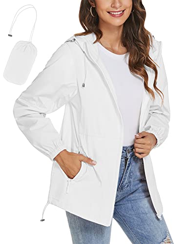 TCOT Women's Waterproof Rain Jacket with Pockets Lightweight Outdoor Packable Windbreaker Hooded Zipper Raincoat White M