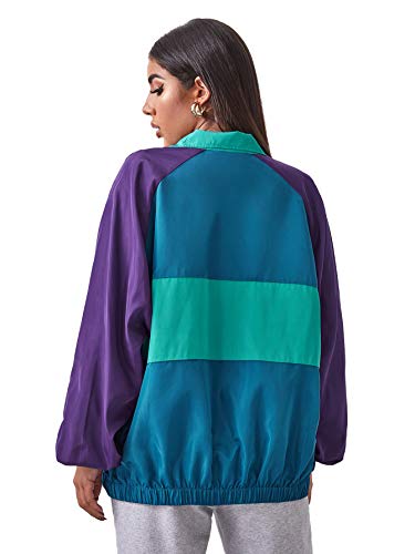 SweatyRocks Women's Lightweight Windbreaker Patchwork Zipper Sport Jacket Coat Outerwear Purple Blue S
