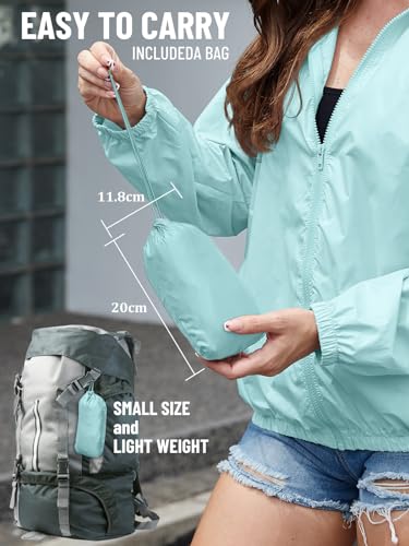 PITINAN Hiking Rain Jacket Women Packable Lightweight Windbreaker Jacket Women Waterproof Rain Jacket Lightweight Outdoor Windbreaker Rain Coat Shell for Hiking, Travel Light Blue M