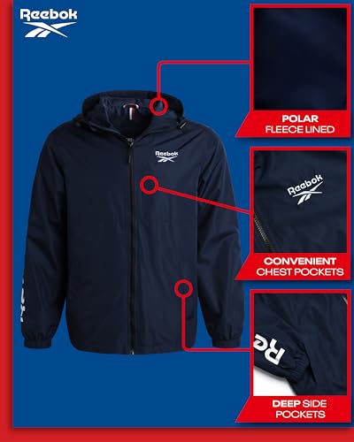 Reebok Men's Jacket - Full Zip Polar Fleece Lined Windbreaker Jacket - Weather Resistant Windbreaker Jackets for Men (S-XXL), Size Large, Vector Navy