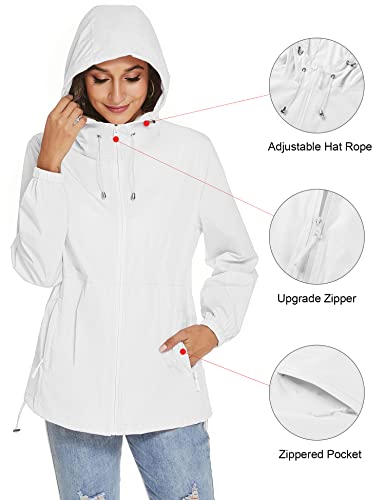 TCOT Women's Waterproof Rain Jacket with Pockets Lightweight Outdoor Packable Windbreaker Hooded Zipper Raincoat White M