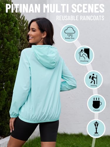 PITINAN Hiking Rain Jacket Women Packable Lightweight Windbreaker Jacket Women Waterproof Rain Jacket Lightweight Outdoor Windbreaker Rain Coat Shell for Hiking, Travel Light Blue M
