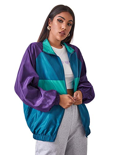 SweatyRocks Women's Lightweight Windbreaker Patchwork Zipper Sport Jacket Coat Outerwear Purple Blue S