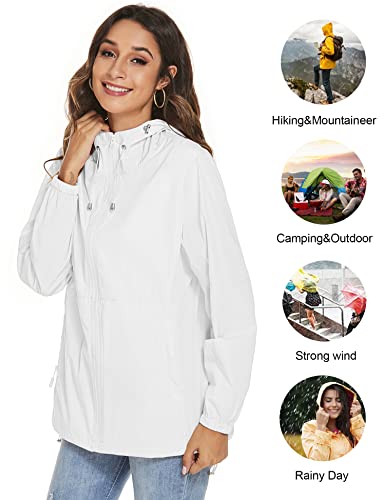 TCOT Women's Waterproof Rain Jacket with Pockets Lightweight Outdoor Packable Windbreaker Hooded Zipper Raincoat White M