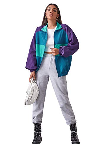 SweatyRocks Women's Lightweight Windbreaker Patchwork Zipper Sport Jacket Coat Outerwear Purple Blue S
