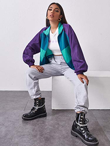 SweatyRocks Women's Lightweight Windbreaker Patchwork Zipper Sport Jacket Coat Outerwear Purple Blue S