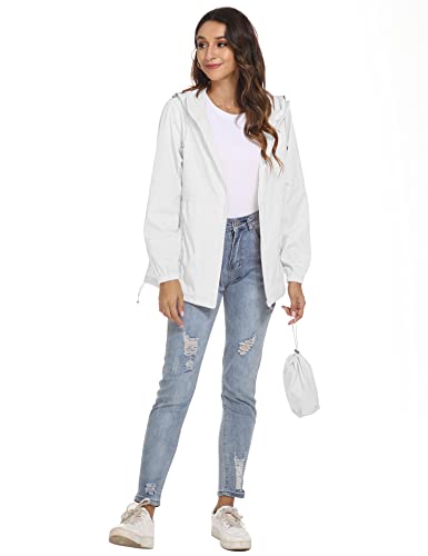 TCOT Women's Waterproof Rain Jacket with Pockets Lightweight Outdoor Packable Windbreaker Hooded Zipper Raincoat White M