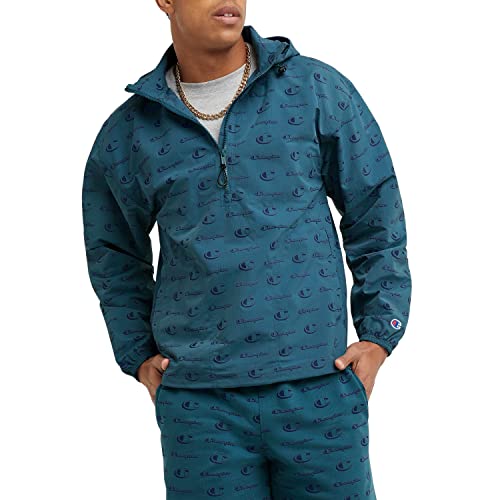 Champion, Windbreaker Men,Anorak Jacket with Scuba Hood,Water-Resistant, Big C Little Script Nifty Turquoise, Medium