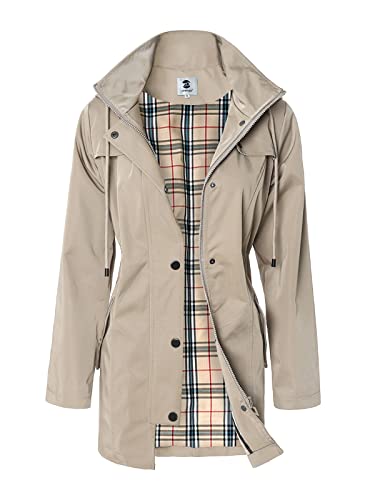 SaphiRose Women's Long Hooded Rain Jacket Outdoor Raincoat Windbreaker(Khaki,Large)