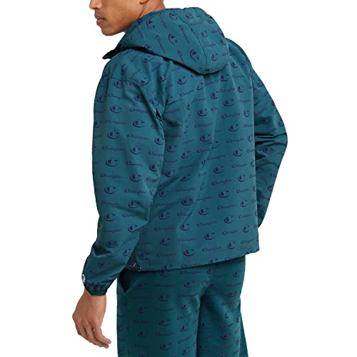 Champion, Windbreaker Men,Anorak Jacket with Scuba Hood,Water-Resistant, Big C Little Script Nifty Turquoise, Medium