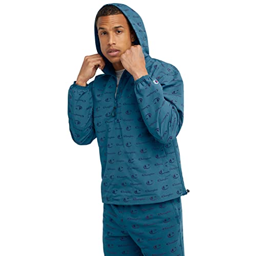 Champion, Windbreaker Men,Anorak Jacket with Scuba Hood,Water-Resistant, Big C Little Script Nifty Turquoise, Medium