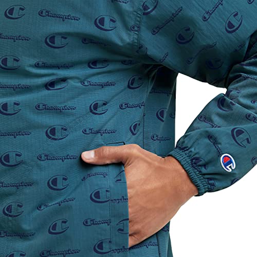 Champion, Windbreaker Men,Anorak Jacket with Scuba Hood,Water-Resistant, Big C Little Script Nifty Turquoise, Medium