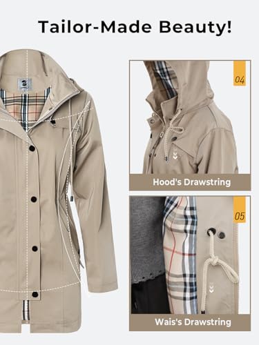 SaphiRose Women's Long Hooded Rain Jacket Outdoor Raincoat Windbreaker(Khaki,Large)