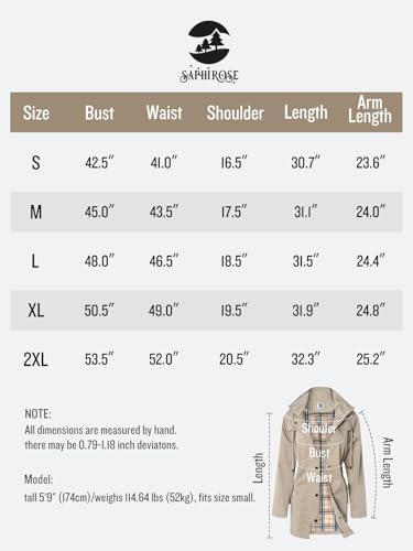 SaphiRose Women's Long Hooded Rain Jacket Outdoor Raincoat Windbreaker(Khaki,Large)