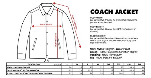 Shaka Wear Men’s Coach Jacket – Classic Windbreaker Nylon Water Resistance Relaxed Fit Snaps Blank Coat CJ02 Black 4XL