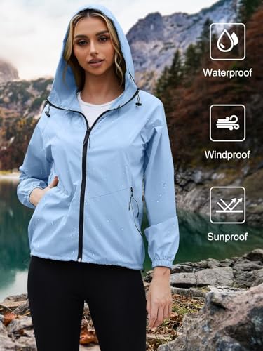 PITINAN Windbreaker Women Rain Jacket With Hood Waterproof Lightweight Packable Rain Coats For Women Outdoor Raincoat With Pockets Blue S