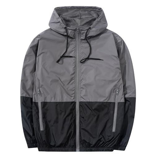 XiaoYouYu Men's Lightweight Windbreaker Jackets Outdoor Hooded Pocket Raincoat Jacket (Grey, X-Large)