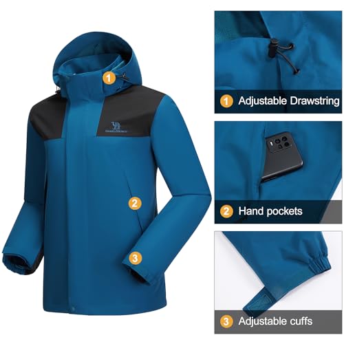 CAMEL CROWN Men's Waterproof Jacket Shell Windbreaker Hooded Rain Coat for Outdoor Hiking Climbing Traveling Lake Blue L