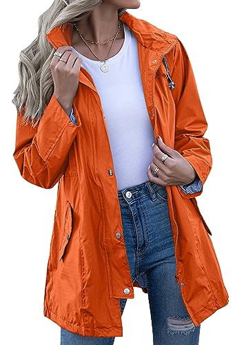 Kikibell Rain Jacket for Women Packable Rain Jacket for Travel Orange Rain Jacket Women Lined Raincoat windbreaker