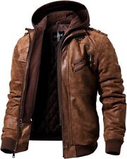 FLAVOR Men Brown Leather Motorcycle Jacket with Removable Hood (Large (US standard), Brown)