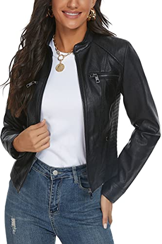 Women's Slim Faux Leather Moto Jacket - Black