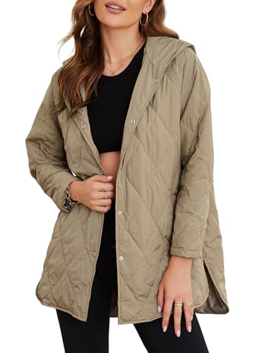 EVALESS Oversized Jacket for Women Business Casual Clothes Fashion 2024 Teacher Outfits Quilted Hooded Jackets Long Sleeve Button Down Puffer Jacket Cozy Shacket Jeacket Khaki Coat with Pocket, Medium