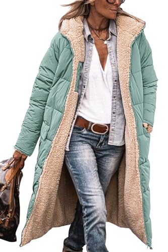 PRETTYGARDEN Womens Long Winter Coats 2024 Fashion Zip Up Hooded Sherpa Fleece Puffer Jackets (Grey Green,Large)