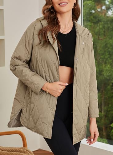 EVALESS Oversized Jacket for Women Business Casual Clothes Fashion 2024 Teacher Outfits Quilted Hooded Jackets Long Sleeve Button Down Puffer Jacket Cozy Shacket Jeacket Khaki Coat with Pocket, Medium