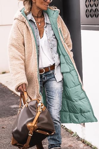 PRETTYGARDEN Womens Long Winter Coats 2024 Fashion Zip Up Hooded Sherpa Fleece Puffer Jackets (Grey Green,Large)