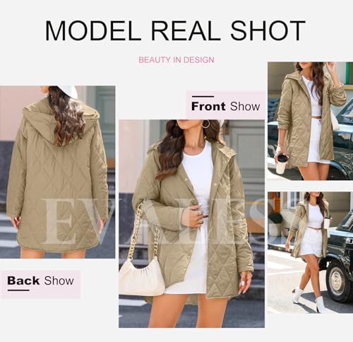 EVALESS Oversized Jacket for Women Business Casual Clothes Fashion 2024 Teacher Outfits Quilted Hooded Jackets Long Sleeve Button Down Puffer Jacket Cozy Shacket Jeacket Khaki Coat with Pocket, Medium