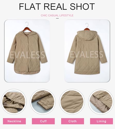 EVALESS Oversized Jacket for Women Business Casual Clothes Fashion 2024 Teacher Outfits Quilted Hooded Jackets Long Sleeve Button Down Puffer Jacket Cozy Shacket Jeacket Khaki Coat with Pocket, Medium