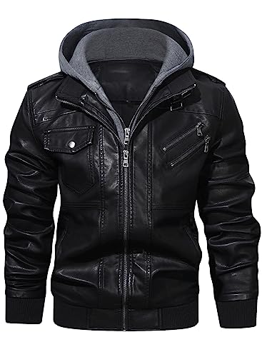 Men's Faux Leather Zip-Up Bomber Jacket with Hood