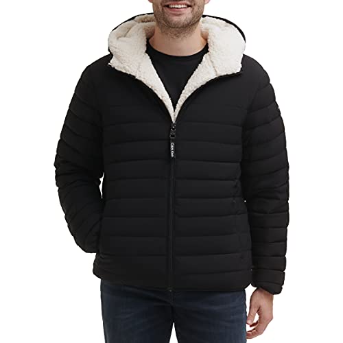 Calvin Klein Men's Hooded Down Jacket, Quilted Coat, Sherpa Lined, Ebony, Medium