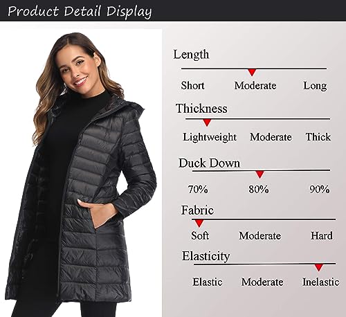 Obosoyo Women's Winter Packable Down Jacket Lightweight Long Down Outerwear Puffer Jacket Hooded Coat Black M