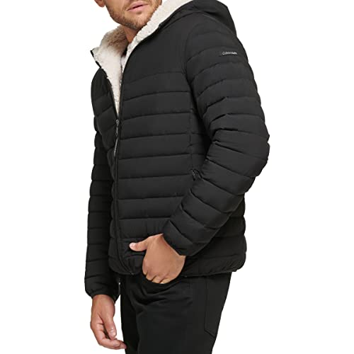 Calvin Klein Men's Hooded Down Jacket, Quilted Coat, Sherpa Lined, Ebony, Medium