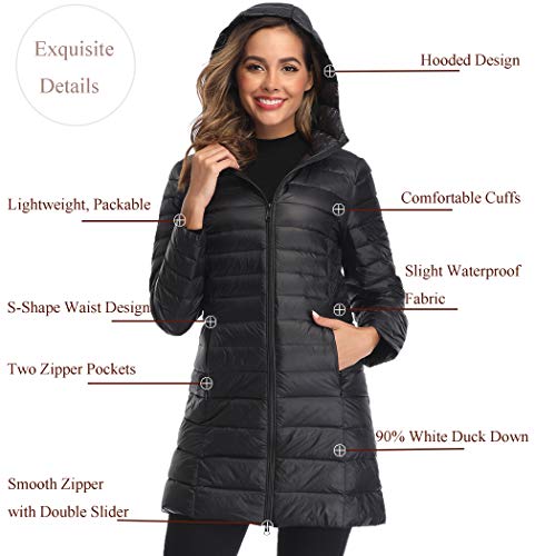 Obosoyo Women's Winter Packable Down Jacket Lightweight Long Down Outerwear Puffer Jacket Hooded Coat Black M