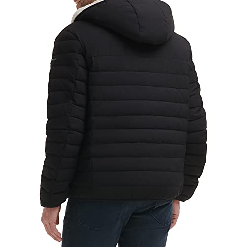 Calvin Klein Men's Hooded Down Jacket, Quilted Coat, Sherpa Lined, Ebony, Medium