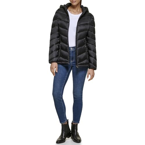 Calvin Klein Women's Light-weight Hooded Puffer Jacket, Ebony, X-Small
