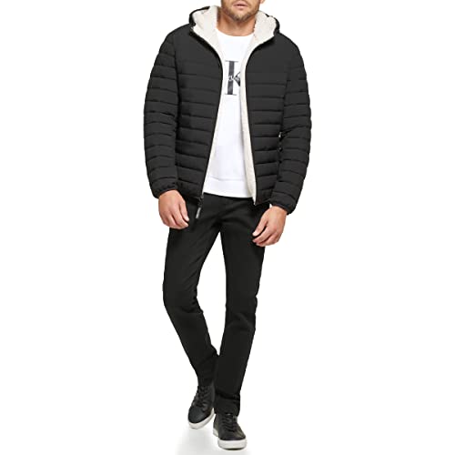 Calvin Klein Men's Hooded Down Jacket, Quilted Coat, Sherpa Lined, Ebony, Medium