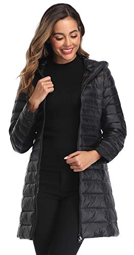 Obosoyo Women's Winter Packable Down Jacket Lightweight Long Down Outerwear Puffer Jacket Hooded Coat Black M