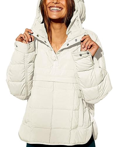 chouyatou Women's Quilted Pullover Puffer Jacket Packable Hooded Oversize Winter Coat Tops (Medium, Beige)